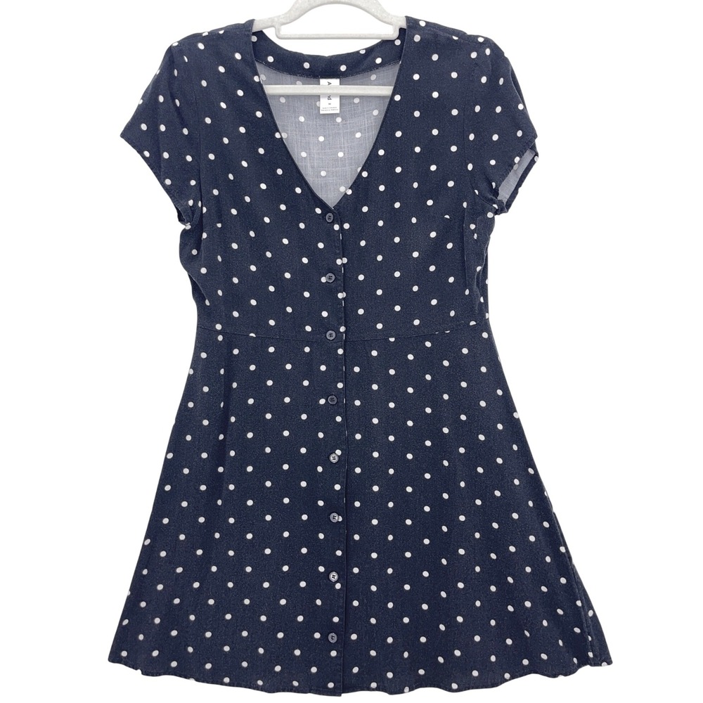 Abound Black Polka Dot Button Front Dress M Short Sleeve V-Neck Rayon Mini